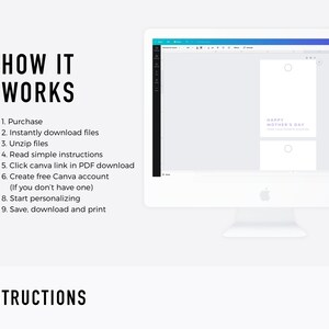 Graphic of computer displaying a Canva template featuring the mothers day gift tag with how it works instructions.