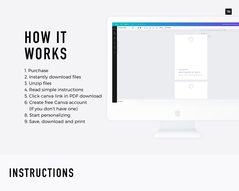 Graphic of computer displaying a Canva template featuring the mothers day gift tag with how it works instructions.