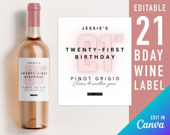 plantilla de etiqueta de vino de cumpleaños número 21 etiqueta de cumpleaños número 21 ideas de cumpleaños número 21 decoración de cumpleaños número 21 etiquetas de vino personalizadas regalo de cumpleaños número 21 para ella