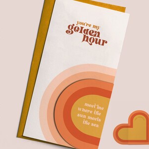 Tarjeta del día de San Valentín + plantilla de sobre / Descarga instantánea imprimible / Día de San Valentín retro de los 70 / Puesta de sol de arco moderno / Cumpleaños de aniversario