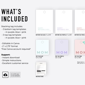 What's included: features 3 bottom tags in blue, purple and pink and 3 top tags in blue purple and pink. Also shows a thumbnail of the instructions