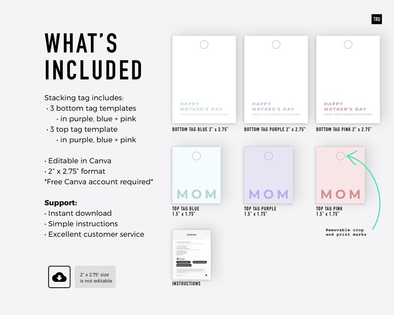 What's included: features 3 bottom tags in blue, purple and pink and 3 top tags in blue purple and pink. Also shows a thumbnail of the instructions