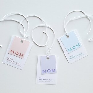3 mothers day gift tags display on a white background, blue, purple and pink