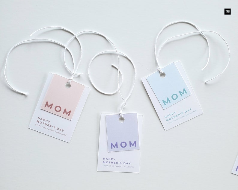3 mothers day gift tags display on a white background, blue, purple and pink