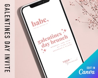Mall för digital inbjudan till Galentines | Redigera i Canva | Modern, minimalistisk, retro | Dekor för alla hjärtans dag-fest med vänner | Digital textinbjudan till evenemang