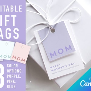 Mothers day gift tag close up on a white present. Reads: Mom, happy mothers day from your favorite daughter