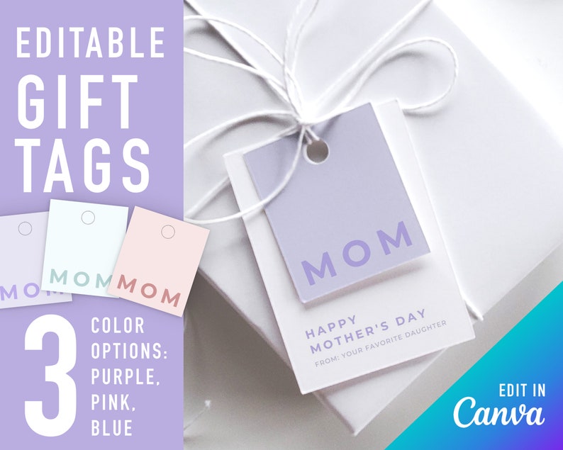 Mothers day gift tag close up on a white present. Reads: Mom, happy mothers day from your favorite daughter