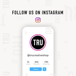 May include: A screenshot of an Instagram profile page for @trucreativeshop. The profile picture is a pink circle with the letters "TRU" in black. The profile has 34 posts, 1832 followers, and 1765 following. A blue button says "Follow".