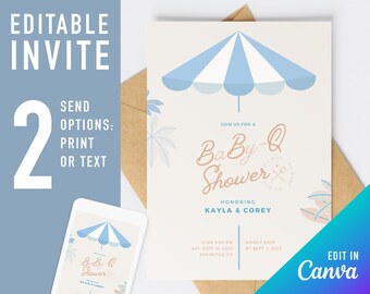 Baby Q baby shower invitation template, backyard BBQ shower invite, barbecue couples shower invite, gender neutral coed shower, umbrella