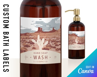 Southwest soap label templates | Edit in Canva | DIY soap dispenser | Shampoo + lotion | Desert-inspired cactus landscape | Earthy tones