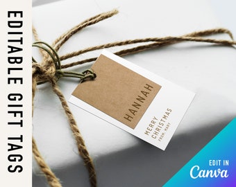 Christmas gift tag template | Editable in Canva | Custom gift packaging | Personalized holiday tag | Modern and minimal | Kraft | Rustic