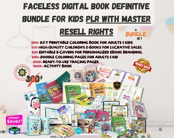 May include: A digital book bundle for kids with a colorful cover featuring a variety of illustrations, including animals, letters, and numbers. The bundle includes 500 printable coloring pages, 500 high-quality children's e-books, 500 editable e-covers, 200 doodle coloring pages, 1000 ready-to-use tracing pages, and 4000 activity pages. The bundle is available for resale with master resell rights.