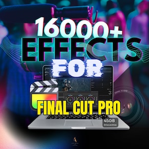 Può includere: Un computer portatile con un'immagine luminosa e colorata di un obiettivo della fotocamera e il testo "16000+ EFFECTS FOR FINAL CUT PRO" sullo schermo. Il laptop è aperto e ha un archivio di unità da 45 GB.