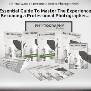 May include: A set of photography guides and resources, including a checklist, resource guide, and DVD. The guides feature a black and white image of a studio setup with a plant and lighting equipment. The text on the guides reads "Photography Mastery".