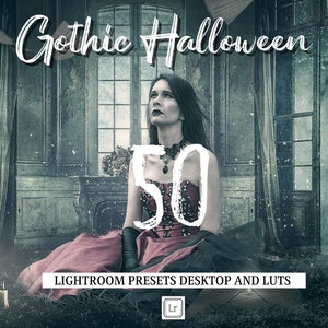 May include: A woman in a red and black dress sits in a dimly lit room with large windows. The text "Gothic Halloween 50" is written in white on the image. The text "Lightroom Presets Desktop and Luts" is also written on the image.