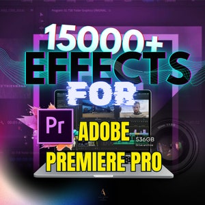 Peut inclure: Un écran d'ordinateur portable affichant un aperçu du logiciel Adobe Premiere Pro avec le texte "15000+ EFFECTS FOR ADOBE PREMIERE PRO" et "536GB Drive archive" affiché à l'écran. L'ordinateur portable est sur un fond violet et rose avec un objectif d'appareil photo dans le coin.