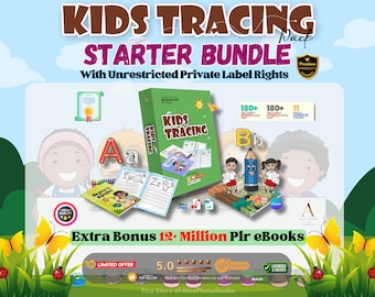 Könnte beinhalten: Ein farbenfrohes Bild, das ein Kids Tracing Starter Bundle mit über 180 Malvorlagen, 11 Arbeitsbüchern und über 12 Millionen PLR-E-Books bewirbt. Das Bild zeigt ein grünes, blaues und weißes Buchcover mit dem Titel "Kids Tracing" und einer Comic-Bleistiftfigur. Das Bild enthält auch ein Zertifikat, Buntstifte und ein Buch mit den Buchstaben "Aa" und "Zz" auf dem Cover.