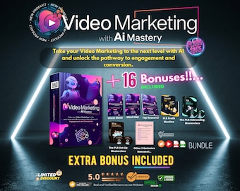 Puede incluir: Un paquete de productos digitales para marketing de video con dominio de la IA. El paquete incluye un curso principal, una hoja de trucos, un mapa mental, los mejores recursos, una máquina de ganancias PLR y una clase magistral de rebranding PLR. El producto se anuncia con un descuento limitado y una calificación de 5.0 estrellas.