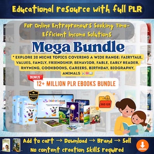 May include: An advertisement for a digital ebook bundle. The image features the text "Mega Bundle" and "12+ Million PLR Ebooks Bundle." The image also includes a computer screen, books, and a cartoon of a mother and child reading.