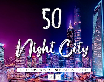 May include: A collection of 50 Lightroom presets and video LUTs for editing photos and videos to create a night city aesthetic. The image shows a cityscape at night with tall buildings lit up in vibrant colors.