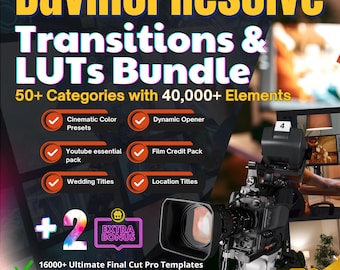 Davinci Resolve studio templates, 40,000+ plugins, Transition & LUTs Bundle for video editing project