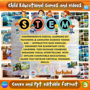 Peut inclure: Une image promotionnelle pour des jeux et vidéos éducatifs pour enfants, avec le sigle "STEM". Elle présente un kit d'apprentissage numérique avec des vidéos animées, des quiz interactifs et des jeux hors ligne pour les élèves du primaire.