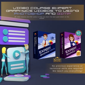 May include: Two colorful boxes with the text "Expert Graphics Videos" and "Expert Graphics Videos Pro" on them. The boxes are being held by cartoon characters. The text "No previous experience or technical skills are required. We teach you everything!" is below the boxes.