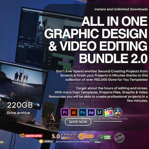 All In One Graphic Design & Video Editing Bundle, Lightroom Preset, SVG, T-Shirt Design, Professional Overlay, Davinci