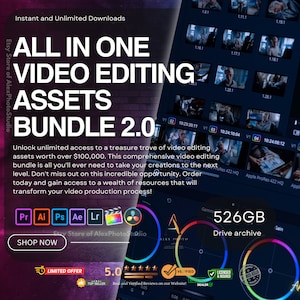 Paquete de edición de video para Adobe Premiere Pro, Final Cut Pro, DaVinci Resolve con LUT de efectos de sonido y plantilla de gráficos en movimiento preestablecidos.