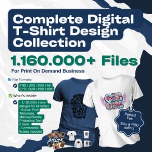 Complete Digital T-Shirt Design Collection with Commercial License and Mockup Files for Print On Demand Business with Editable Font
