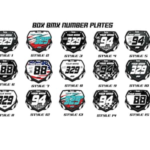 May include: Fifteen different styles of black and white BMX number plates with various designs. The plates feature a white background with black numbers and text. The text includes "YOUR NAME" and "BOX".