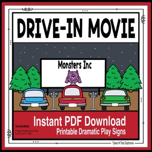 Puede incluir: Señales imprimibles para un juego de rol de cine de autocine. El cartel dice "Monsters Inc." con un monstruo morado en la parte superior. Hay tres coches delante de la pantalla, uno azul, uno rojo y uno verde.
