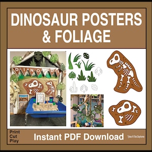 May include: Printable dinosaur posters and foliage for classroom or playroom decor. The posters feature dinosaur skeletons and foliage in brown, green, and white.