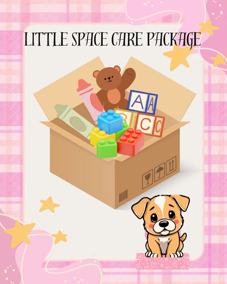 Pode incluir: Uma caixa de papel&atilde;o com a etiqueta "Little Space Care Package" cheia de brinquedos, incluindo blocos de constru&ccedil;&atilde;o, giz de cera e um ursinho de pel&uacute;cia. Um filhote de desenho animado est&aacute; abaixo da caixa. O fundo &eacute; rosa com padr&otilde;es de estrelas e xadrez.