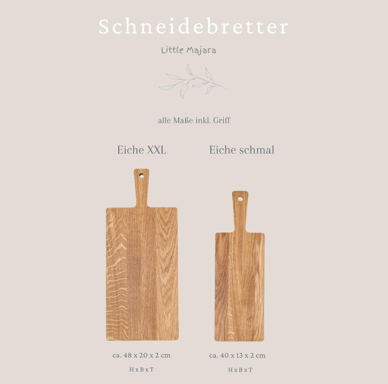 May include: Two wooden cutting boards with handles. The larger board is approximately 19 x 8 x 1 inches, and the smaller board is approximately 16 x 5 x 1 inches. The text "Schneidebretter" and "Little Majara" are at the top.