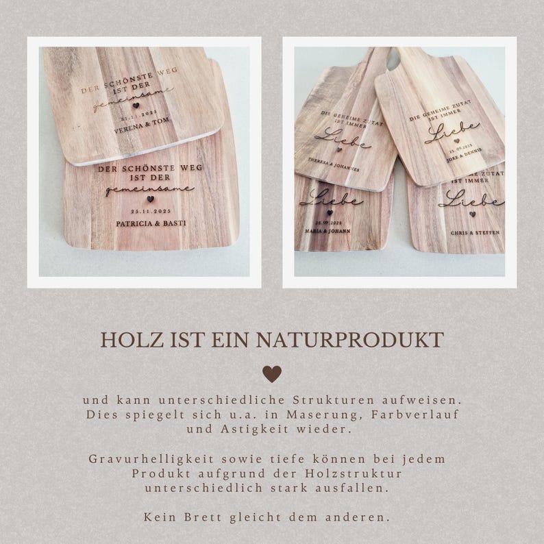 K&ouml;nnte beinhalten: Holzschneidebretter mit graviertem Text und Daten. Ein Brett sagt "Der Sch&ouml;nste Weg ist der gemeinsame" mit Namen und Datum. Andere Bretter sagen "Liebe" mit Namen und Daten. Die Bretter haben eine nat&uuml;rliche Holzmaserung.
