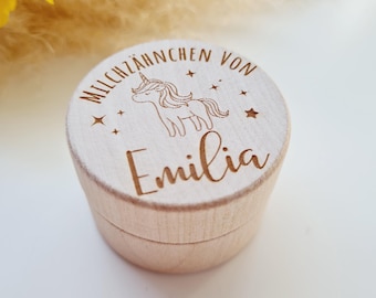 Personalisierte Zahndose aus Holz mit Einhorn – als Schultütenfüllung für Mädchen und Jungen, Geschenk für Kinder zum ersten Wackelzahn