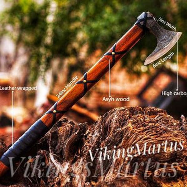 RAGNAR VIKING AXE Larp Forged Camping Axe with Rose Wood Shaft, Viking Bearded Nordic, Best Gift For Him