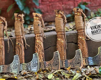 5 Axes Set Vikings Gift Forged Carbon steel Axe with engraved Ashwood handle, Viking axe with sheath Best Birthday Anniversary gift for him