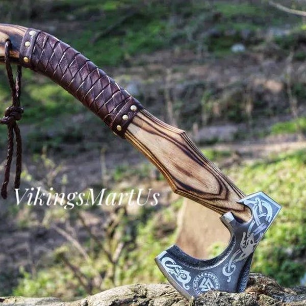 Custom Gift Forged Carbon Steel Viking Axe with Rose Wood Shaft, Viking Bearded Camping Axe, Best Birthday&Anniversary Gift For Him,