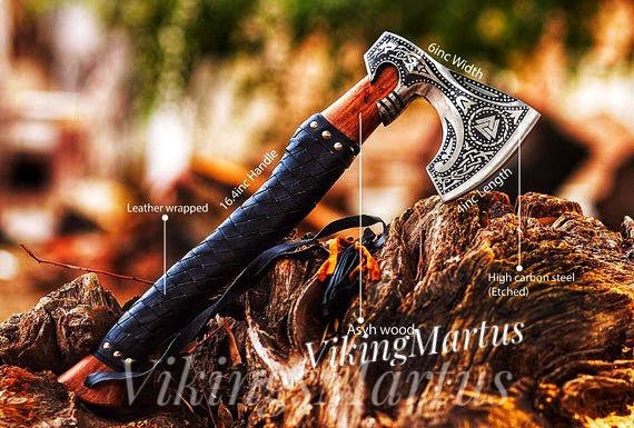 High carbon steel forged throwing axe with leather wrap handle and etching  on blade