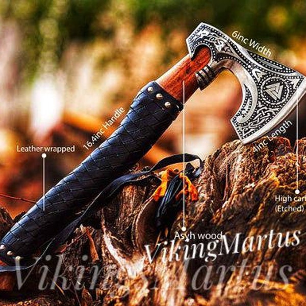 Custom Gift Forged Carbon Steel Viking Axe with Rose Wood Shaft, Viking Bearded Camping Axe, Best Birthday&Anniversary Gift For Him