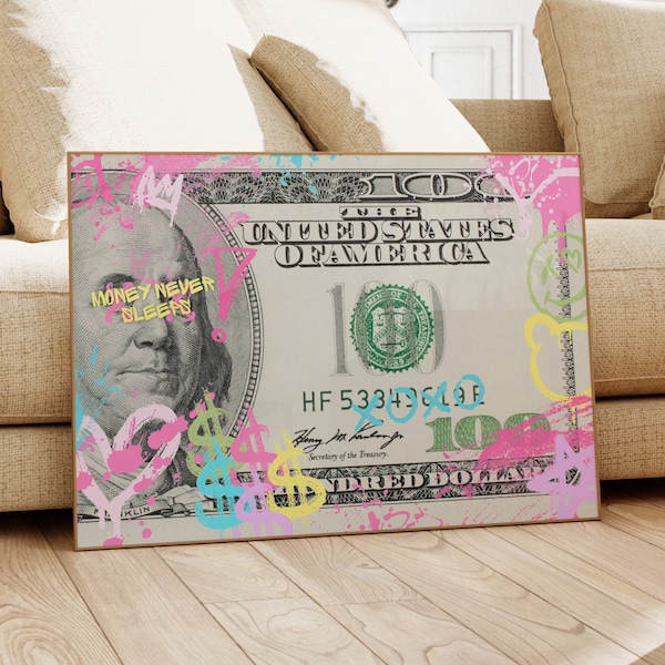 Graffiti Wall Art, Trendy Wall Art Money Poster, Preppy Room Decor, Urban Wall Art, Preppy Poster Print, 100 Dollar Bill Wall Decor