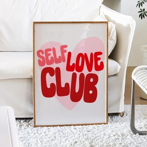 Self Love Club Trendy Red Funky Wall Print, Bedroom College Dorm Room Decor Prints, Girly Typography Art, Positivity Affirmation Poster