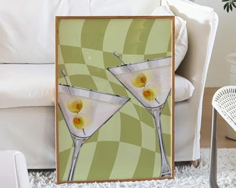 Martini Drinks Poster, Bar Cart Cocktail Poster, Groovy Trendy Girly Apartment Wall Art, Retro Print, Dorm Room Aesthetic, Alcohol Poster