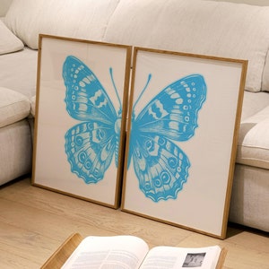 Blue Split Butterfly Wall Art, Set of 2 Butterfly Duo Prints, Girly Trendy Printable Art For Bedroom Dorm Room, Preppy Decor, Teen Girl Room