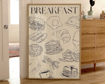 Breakfast Poster, Croissant Print, Pancakes Print, Coffee Print, Food Art Print, Trendy Art, Digital Download,  Kitchen Decor, Trendy Poster