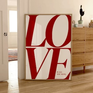 Pôster de amor impressão de parede vintage dos anos 70, arte de parede vermelha, impressão retrô, arte de citação de amor, impressão de parede moderna, arte de impressão de tipografia vermelha minimalista