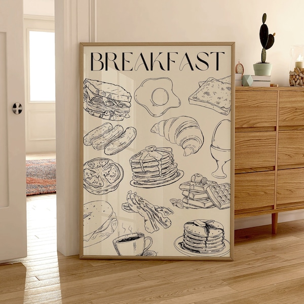 Poster per la colazione, stampa di croissant, stampa di pancake, stampa di caffè, stampa di arte alimentare, arte di tendenza, download digitale, arredamento della cucina, poster di tendenza