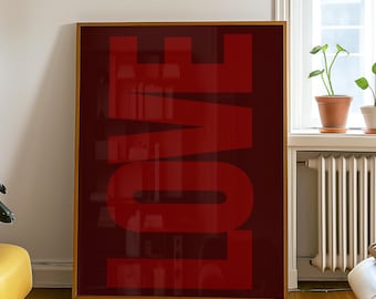 Red Love Print Bold, Trendy Printable Art, Retro Print Bedroom Dorm Room Printable, Living Room Wall Art Quote Print Poster